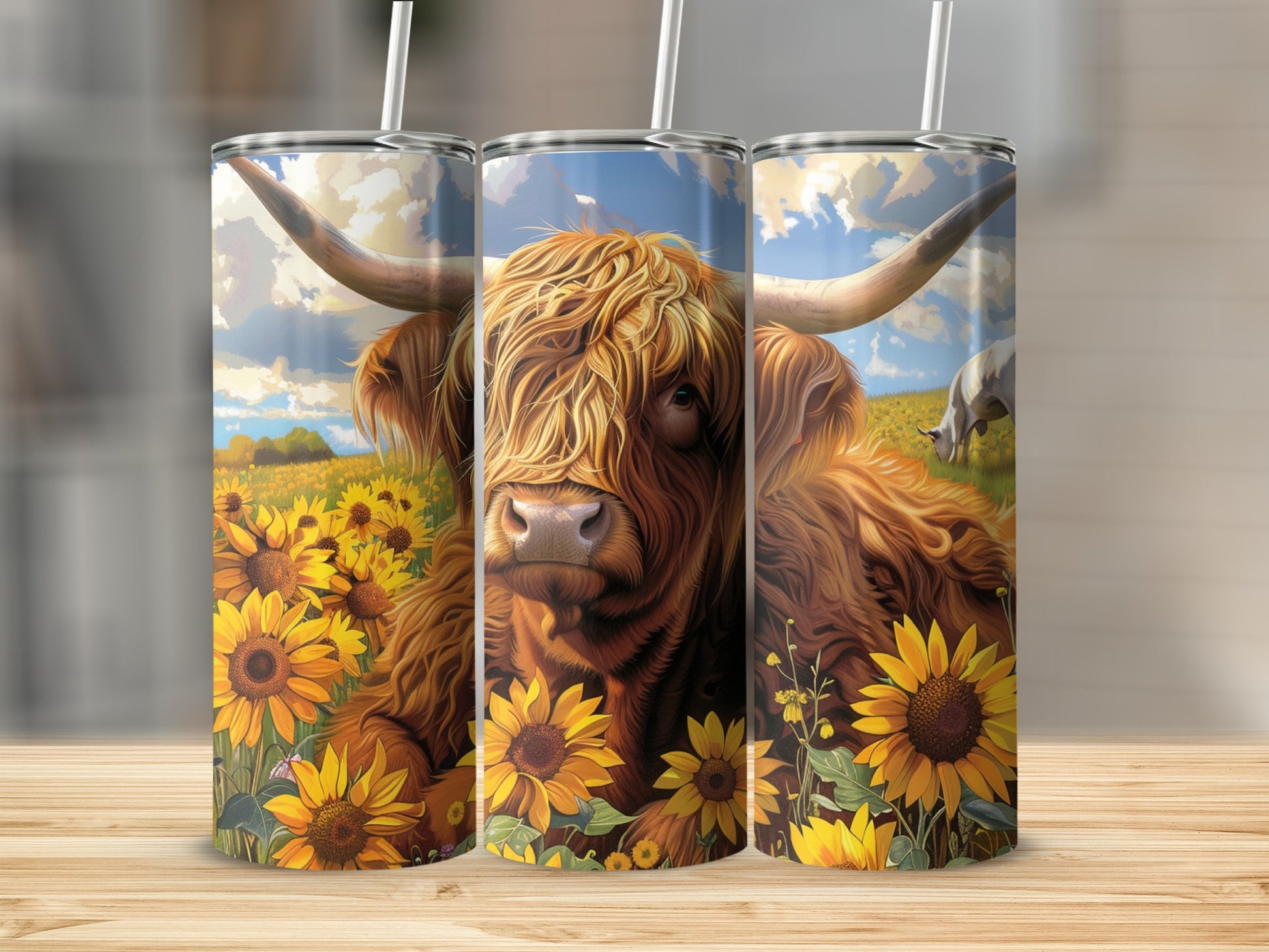 Highland cow with sunflowers on a tumbler.