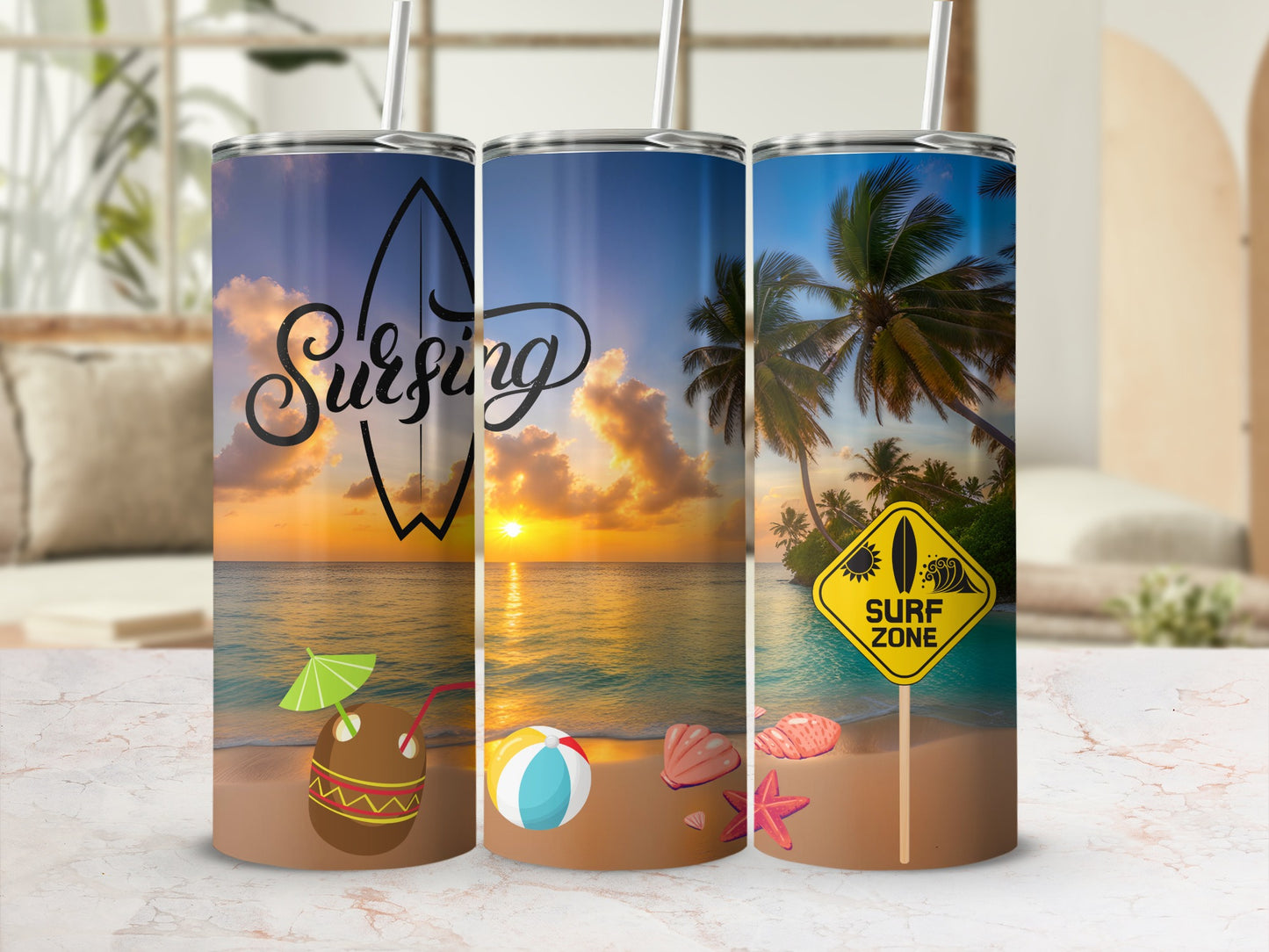 Surfing Beach Vacation Tumbler with Scenic Ocean View