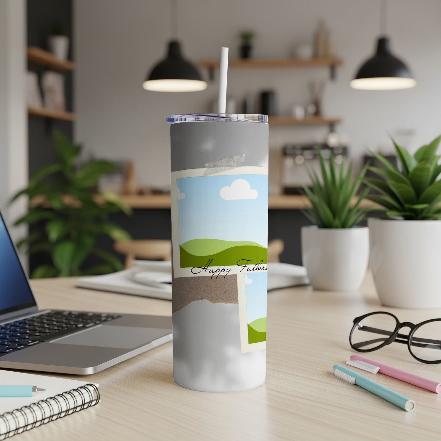 Gray tumbler with landscape photos and "Happy Father" text.