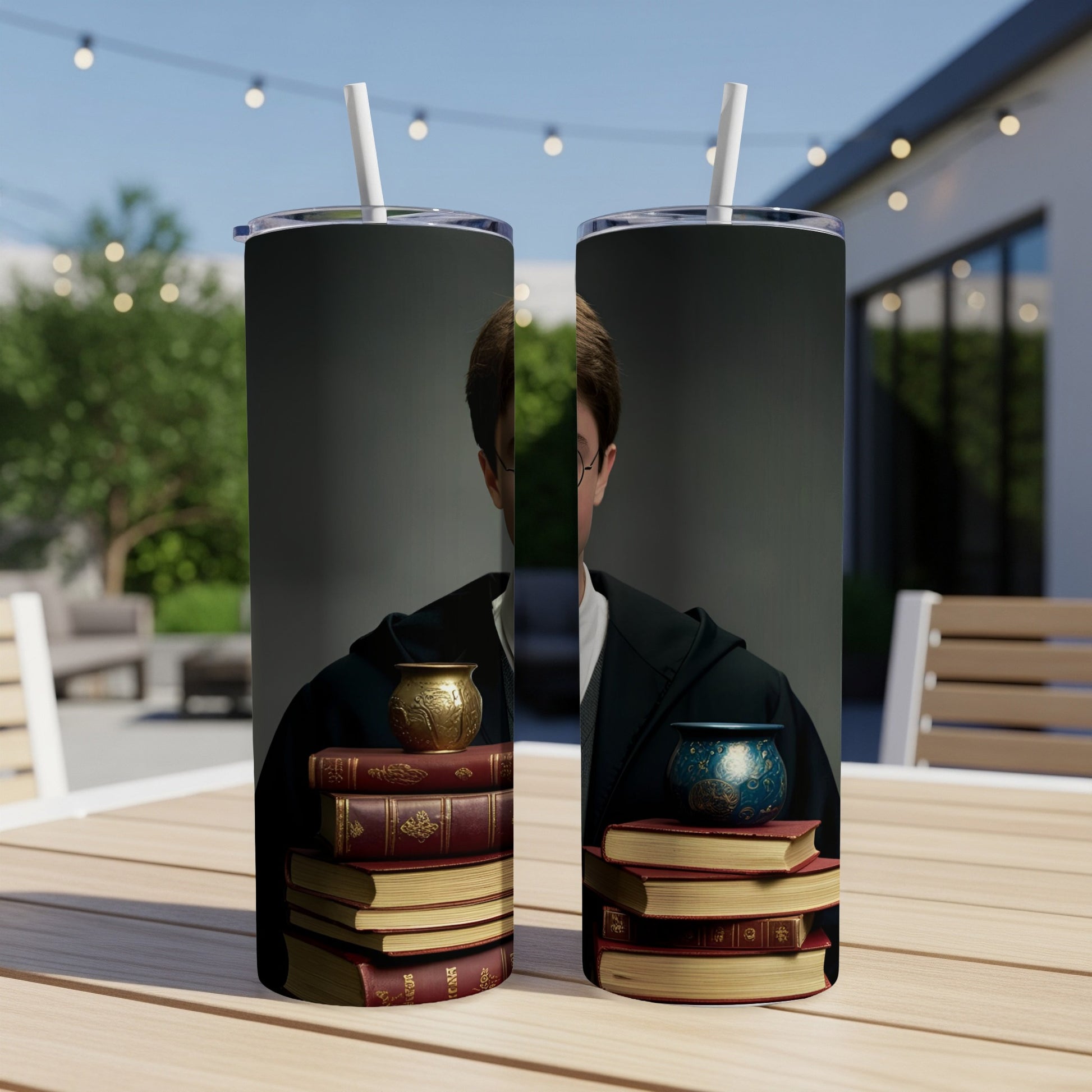 Harry Potter inspired tumbler with books and potion bottles.