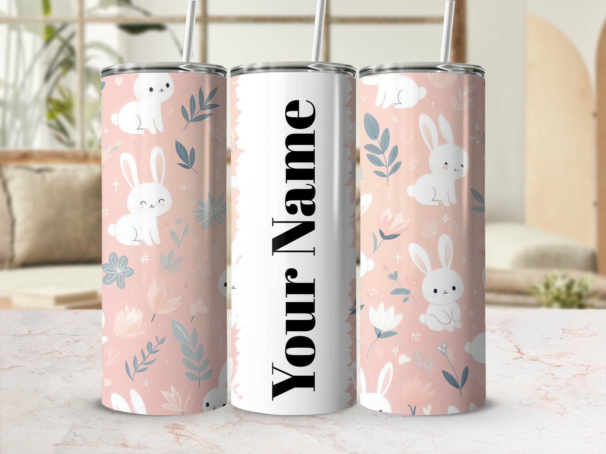 Personalized Cute Bunny Floral Design Tumbler Cup