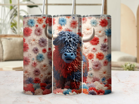 Three tumblers with a Highland cow design against a floral background.