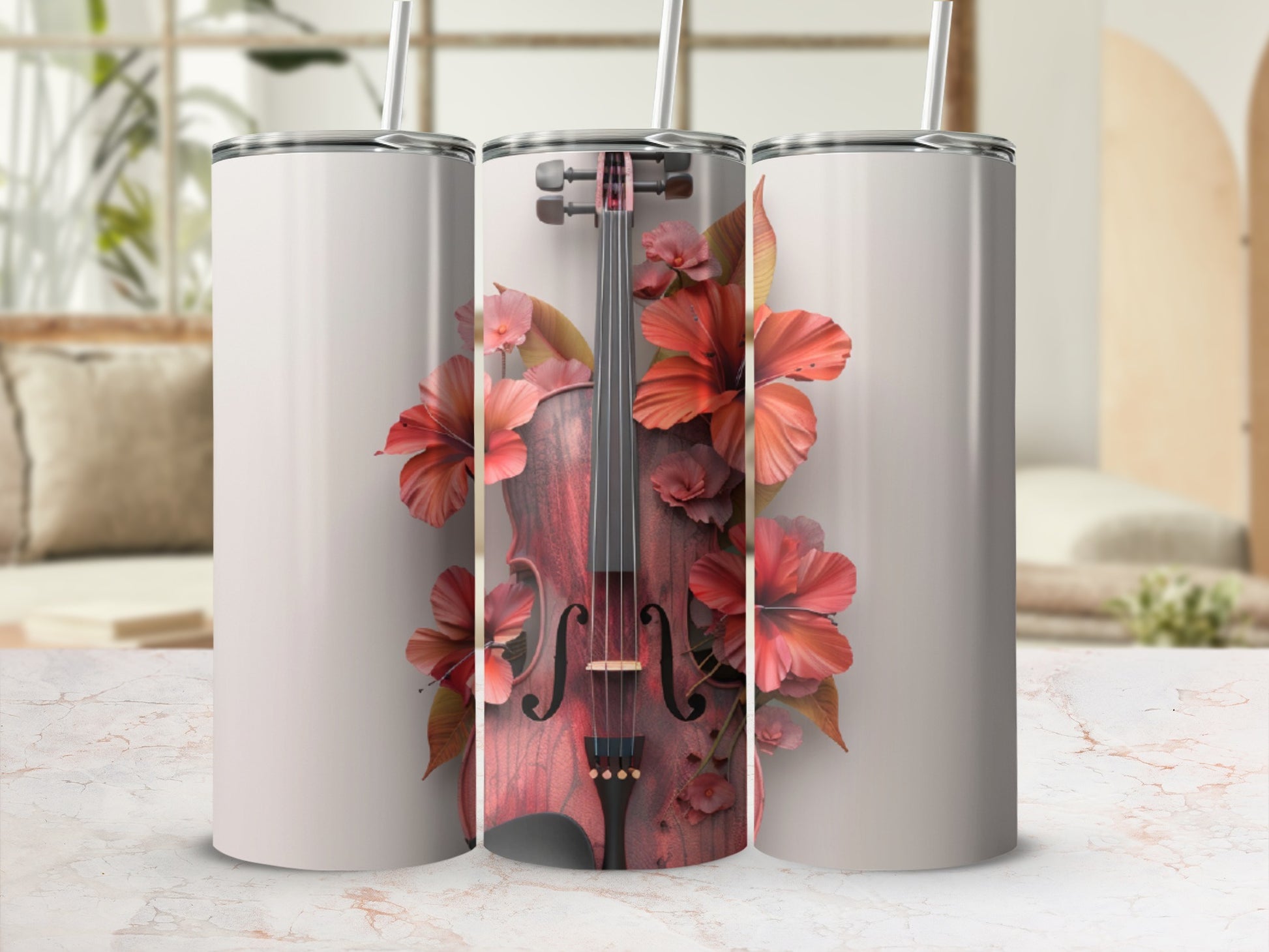 Violin with red flowers design on a cream colored tumbler.