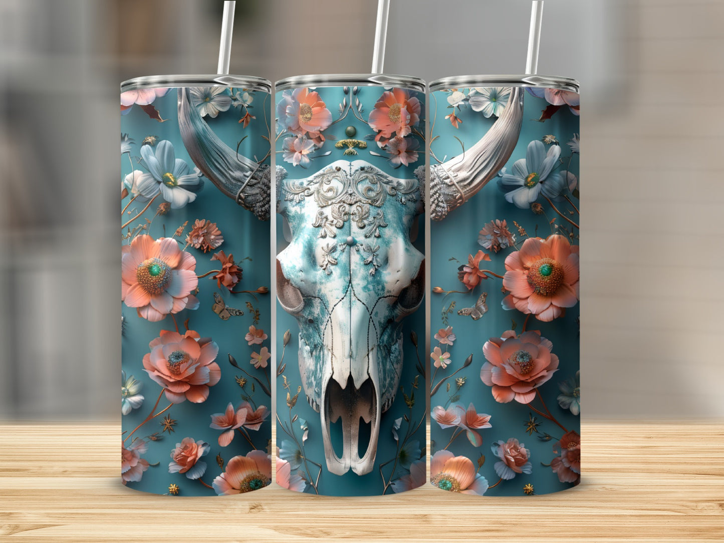 Tall tumbler with turquoise background, bull skull, and floral accents.