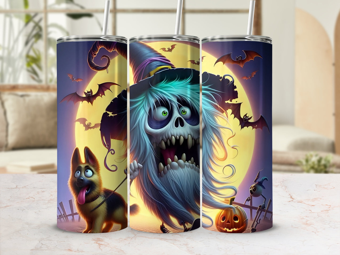 Three tumblers with Halloween designs: dog, ghost, and pumpkin, against a full moon and bats.