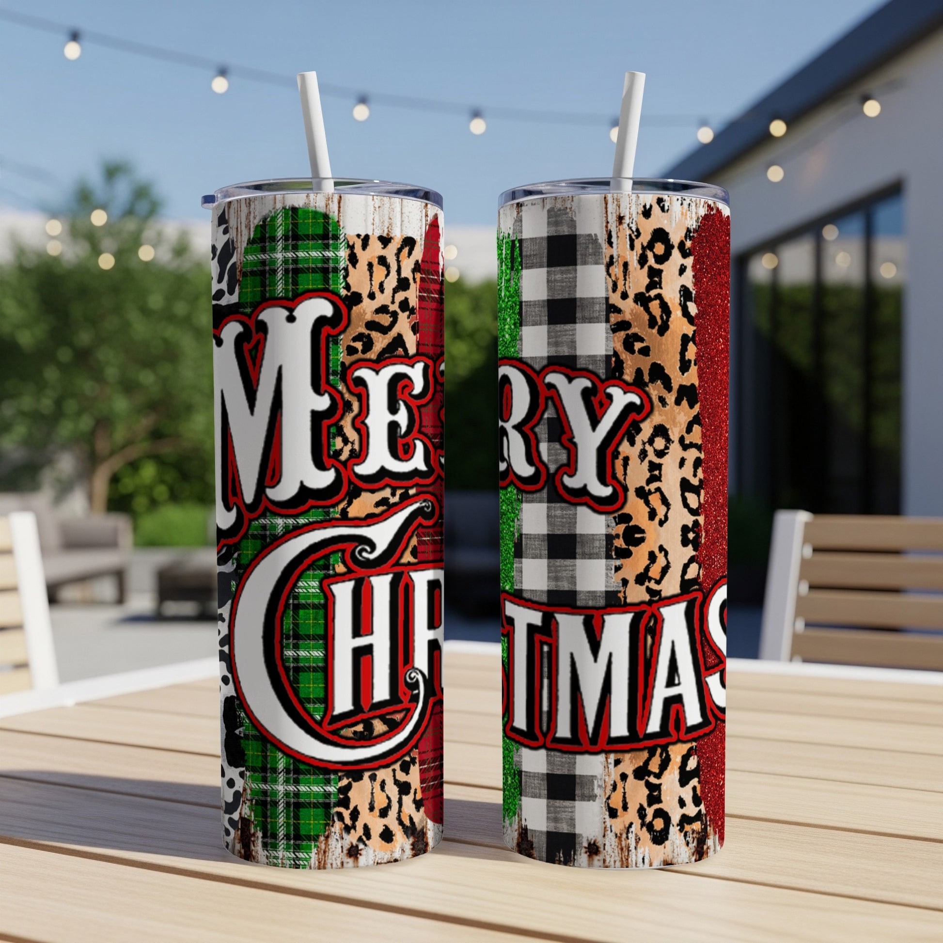 Two tumblers with "Merry Christmas" text and festive plaid and leopard patterns.