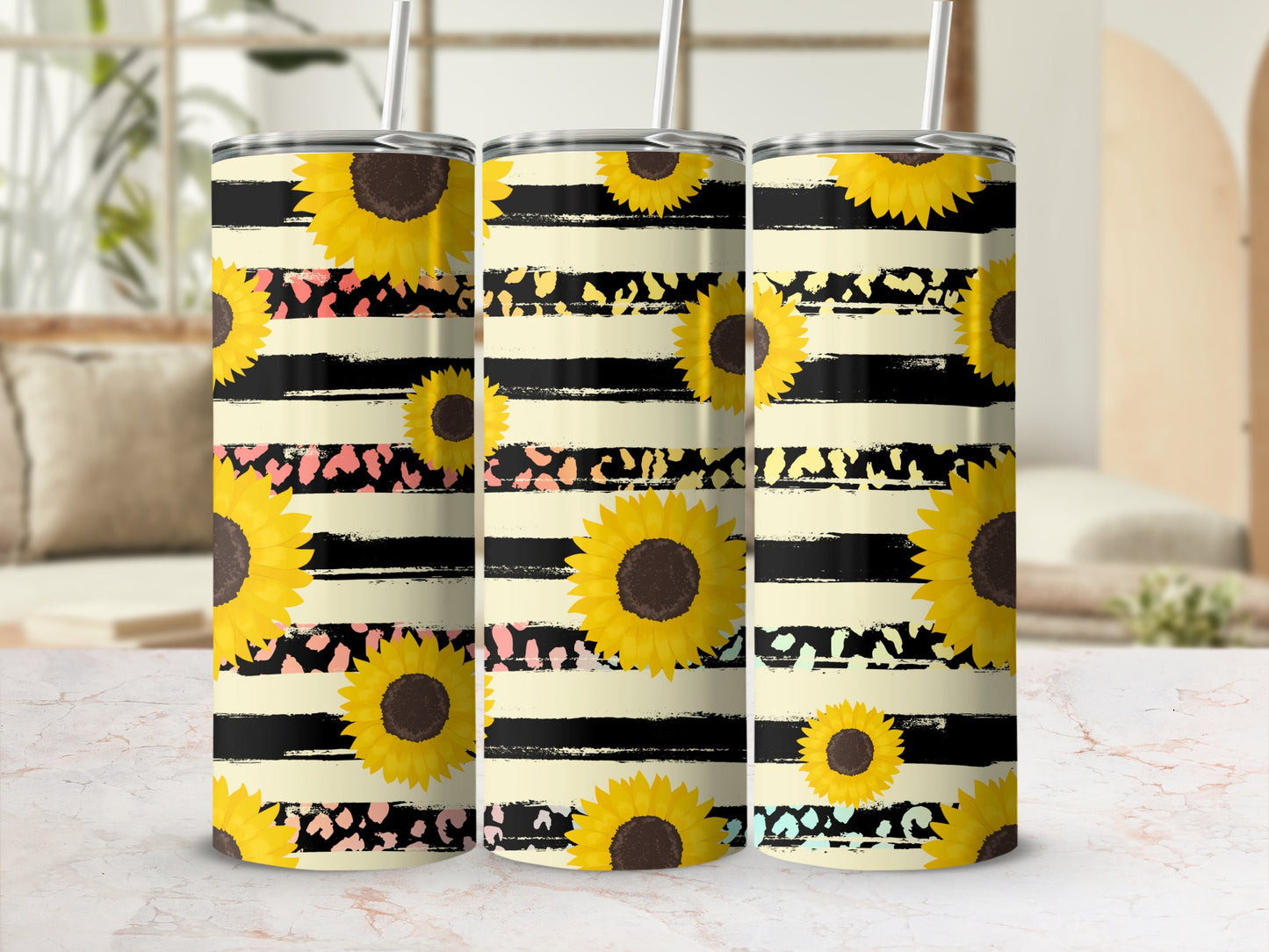 Sunflower and black stripe tumbler with leopard print accents.