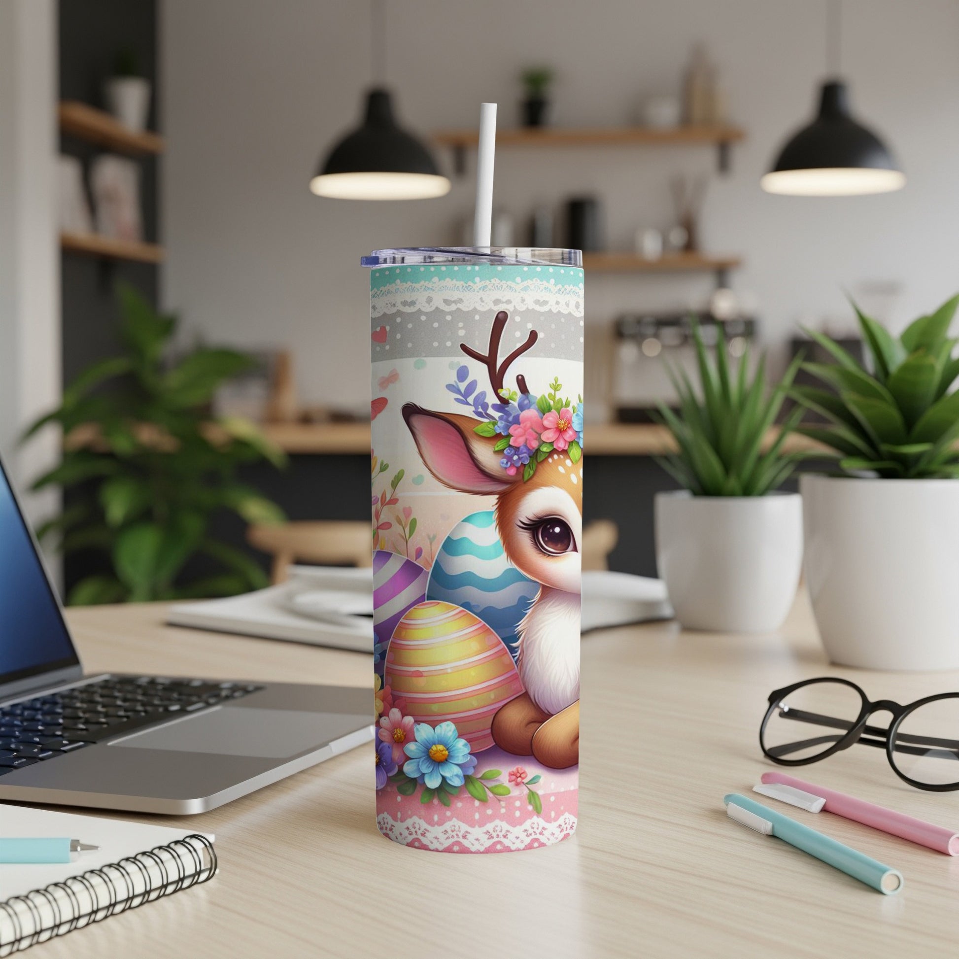 Cute deer with floral crown and Easter eggs on a tumbler.