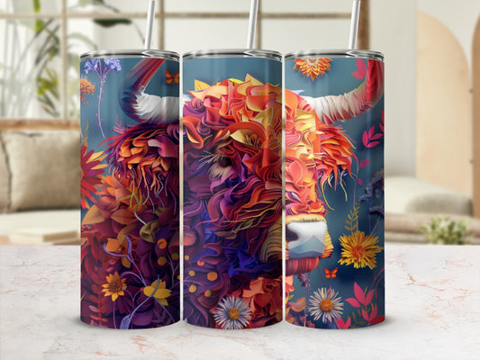 Highland cow adorned with vibrant floral and butterfly accents.