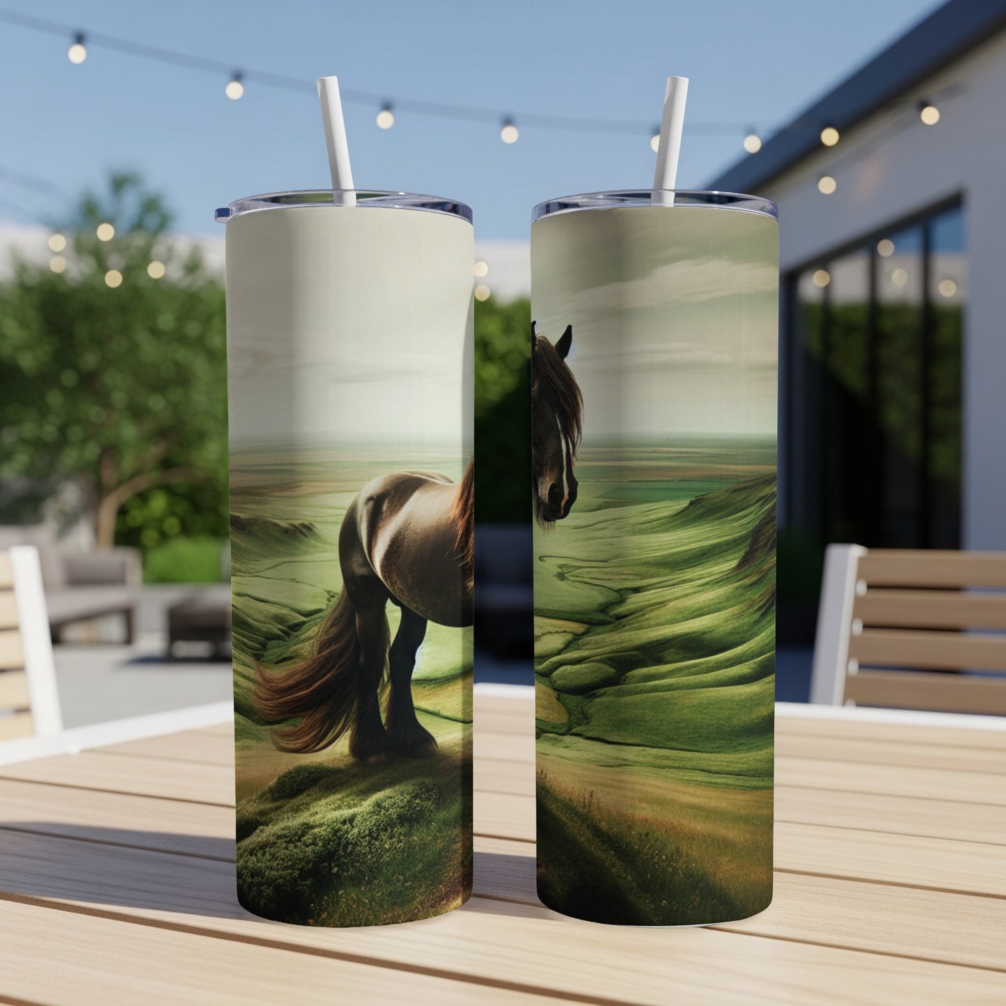 Two tumblers featuring a horse in a green, rolling landscape.