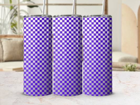 Three purple and white checkered tumblers with straws on a marble surface.
