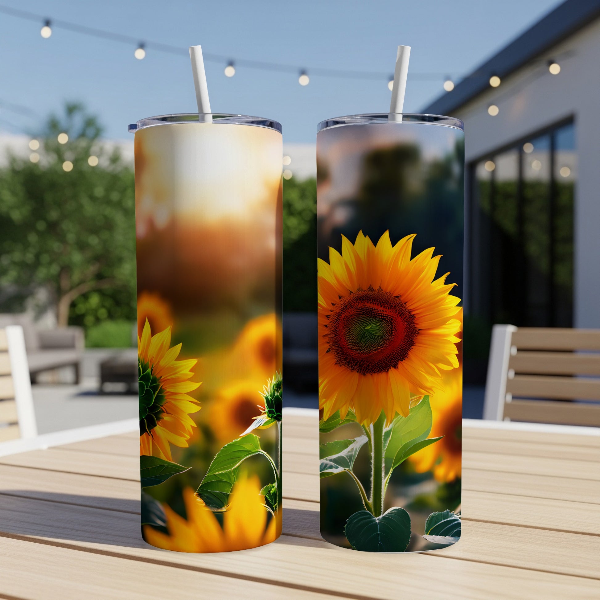 Two tall tumblers with a sunflower pattern sitting on a wooden table outdoors.