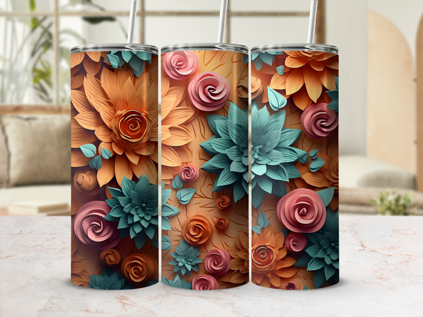 Vibrant Floral Pattern Insulated Thermos Tumbler