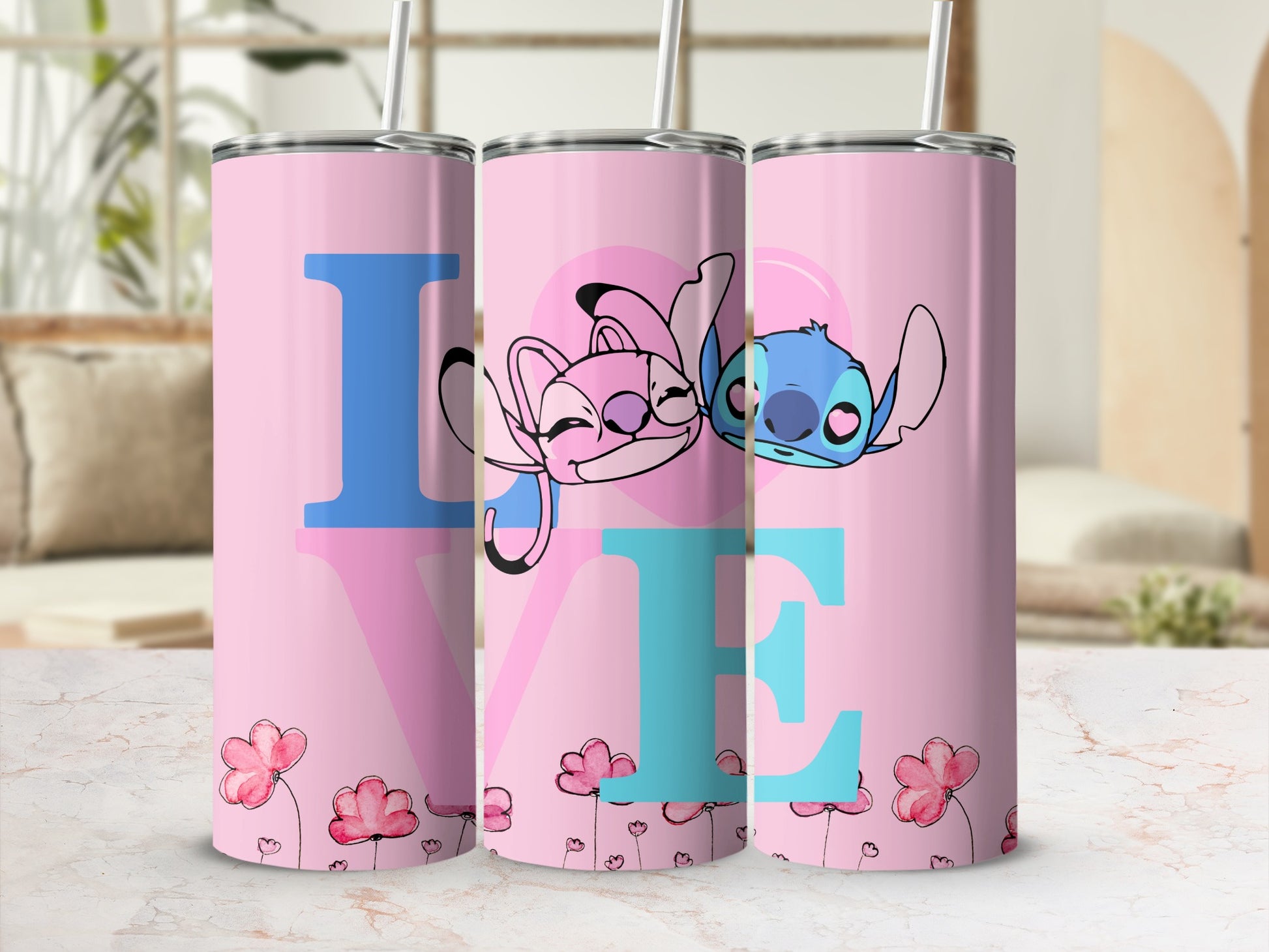 Cute Pink Tumbler with Heart and Character Design