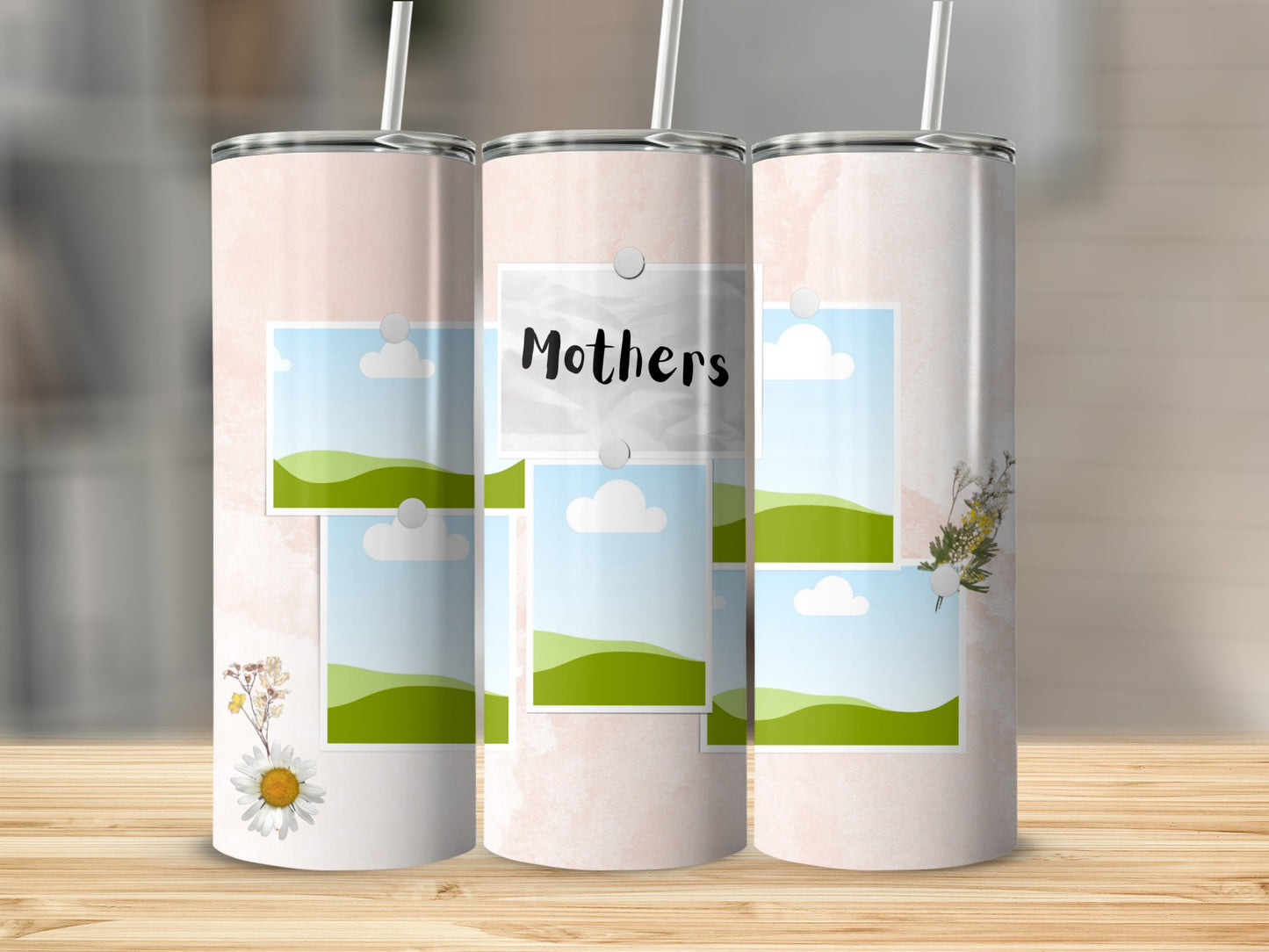 Three tumblers with photo frames and "Mothers" text on a light pink background.