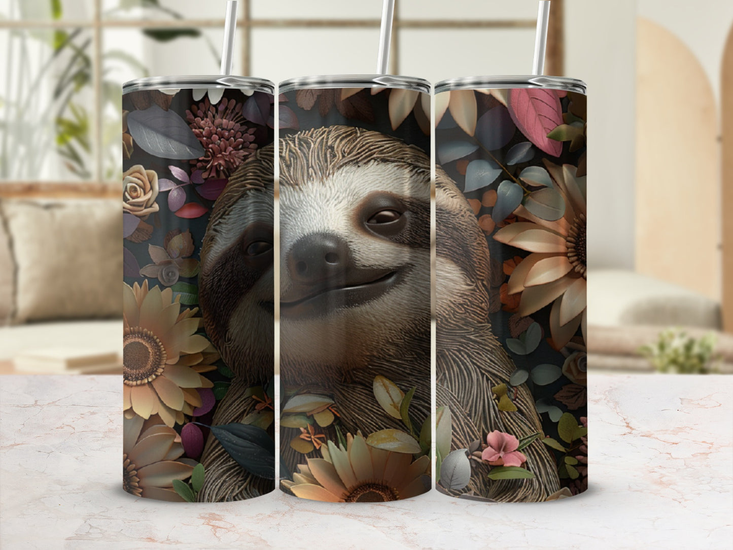 Sloth face with sunflowers and floral pattern on a skinny tumbler.
