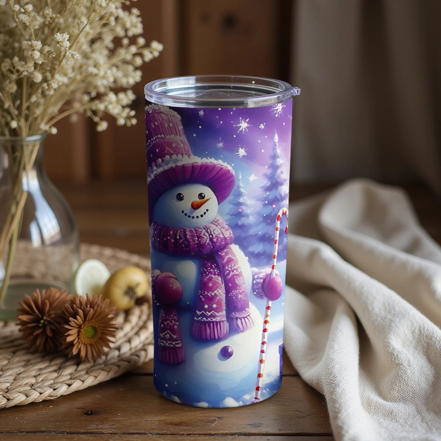 Festive Snowman Tumbler with Purple Winter Scenery