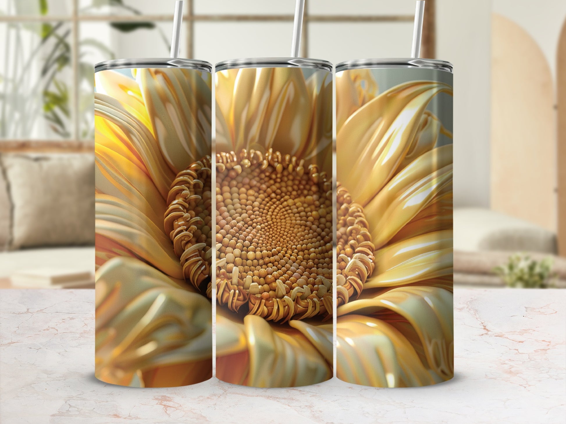 Three golden sunflowers close-up, on a marble countertop.