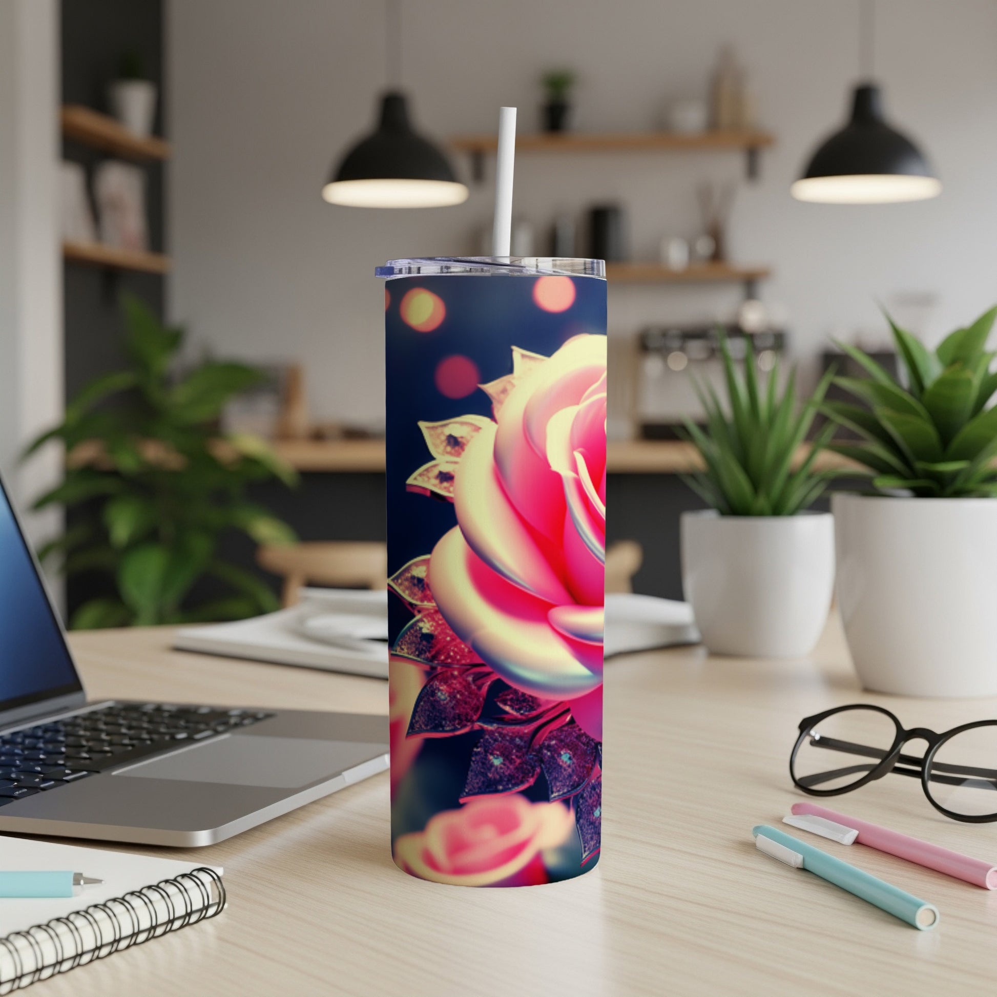 Pink and gold rose design on a white tumbler with straw.