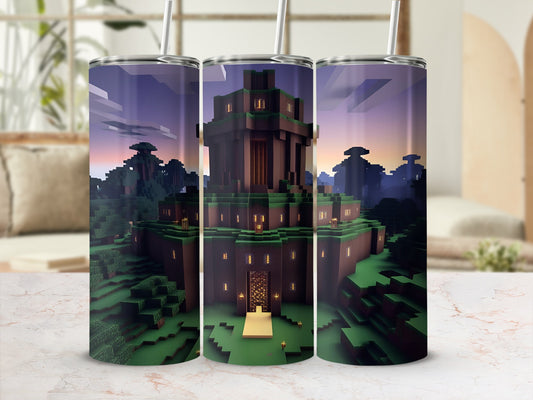 Minecraft-style castle with glowing windows in a forest at dusk.