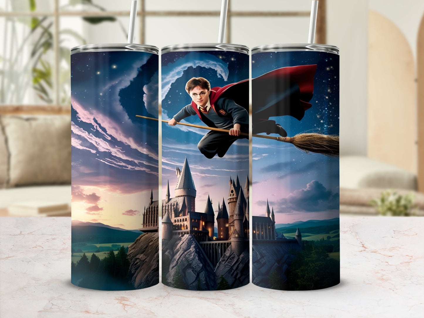 Harry Potter flying on a broomstick in front of Hogwarts castle.