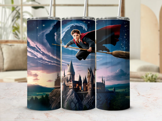 Harry Potter flying on a broomstick in front of Hogwarts castle.