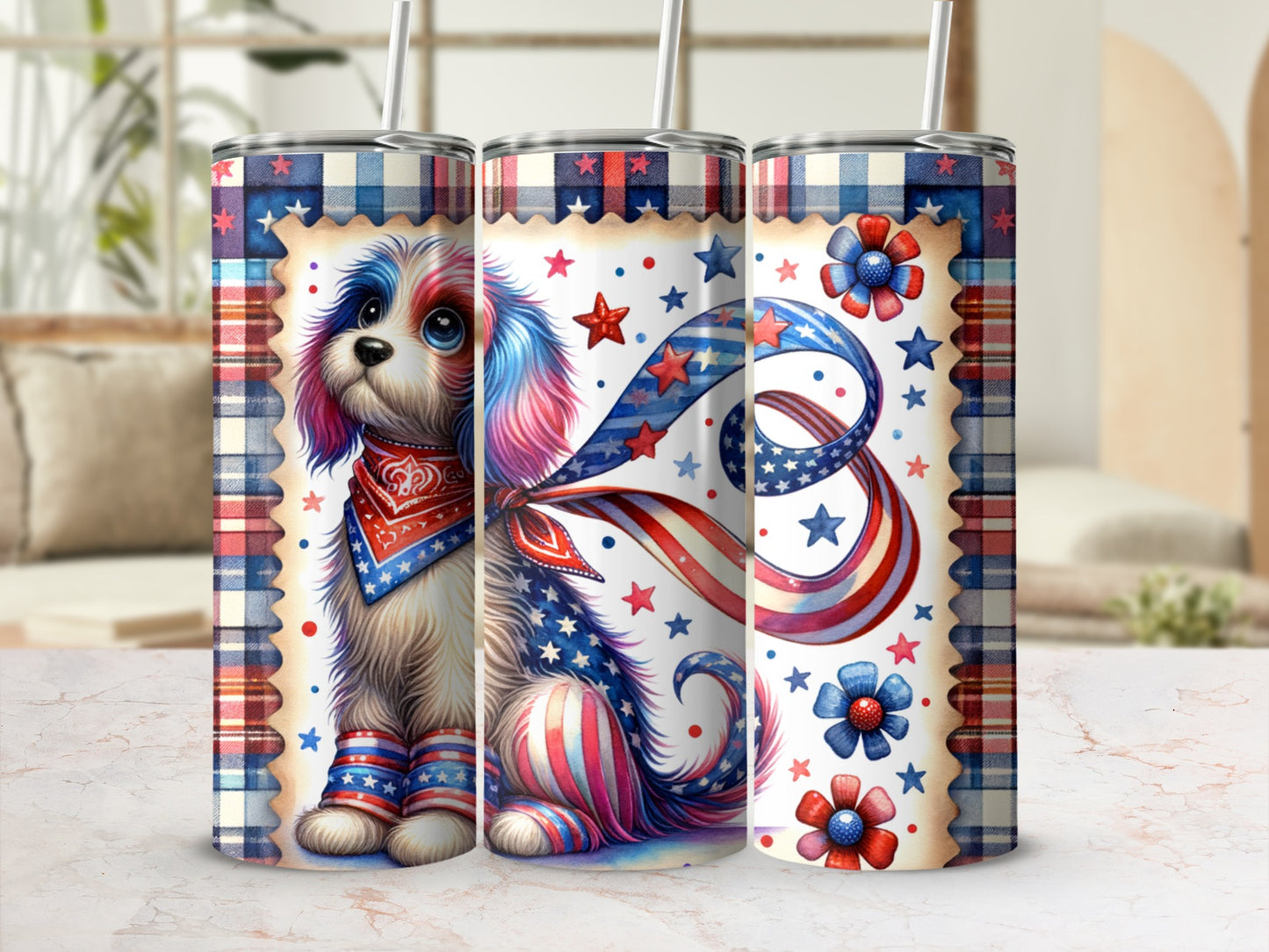 Dog wearing patriotic bandana and socks with red, white, and blue stars and stripes.