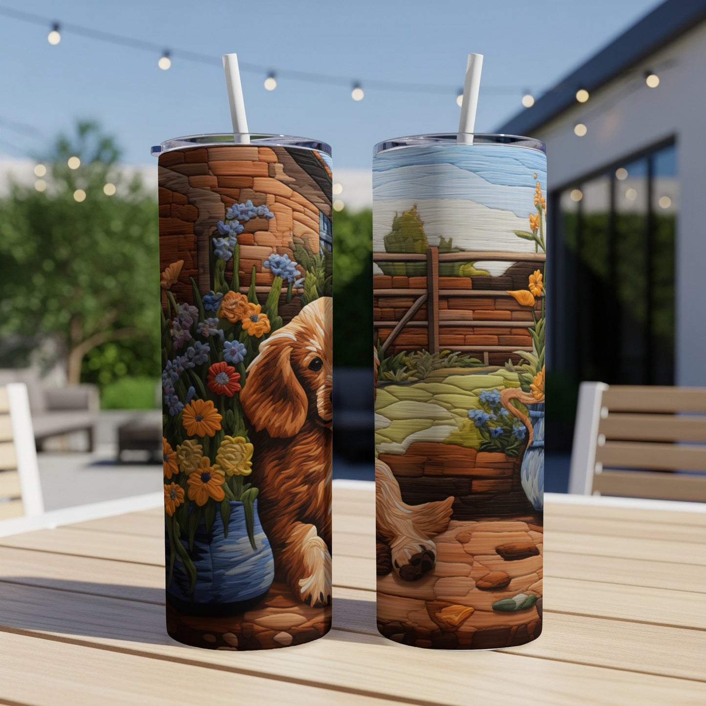 Golden retriever puppy in garden with flowers and fence, full wrap design.