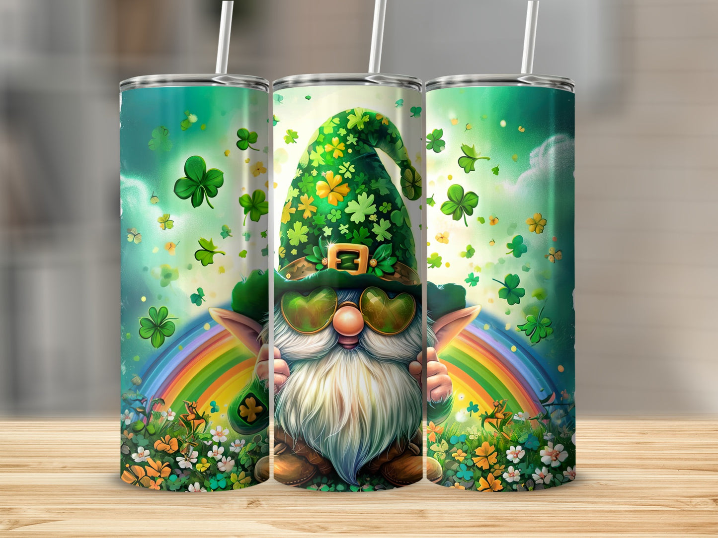 Gnome in sunglasses with shamrocks, rainbow, and clouds on a tumbler.