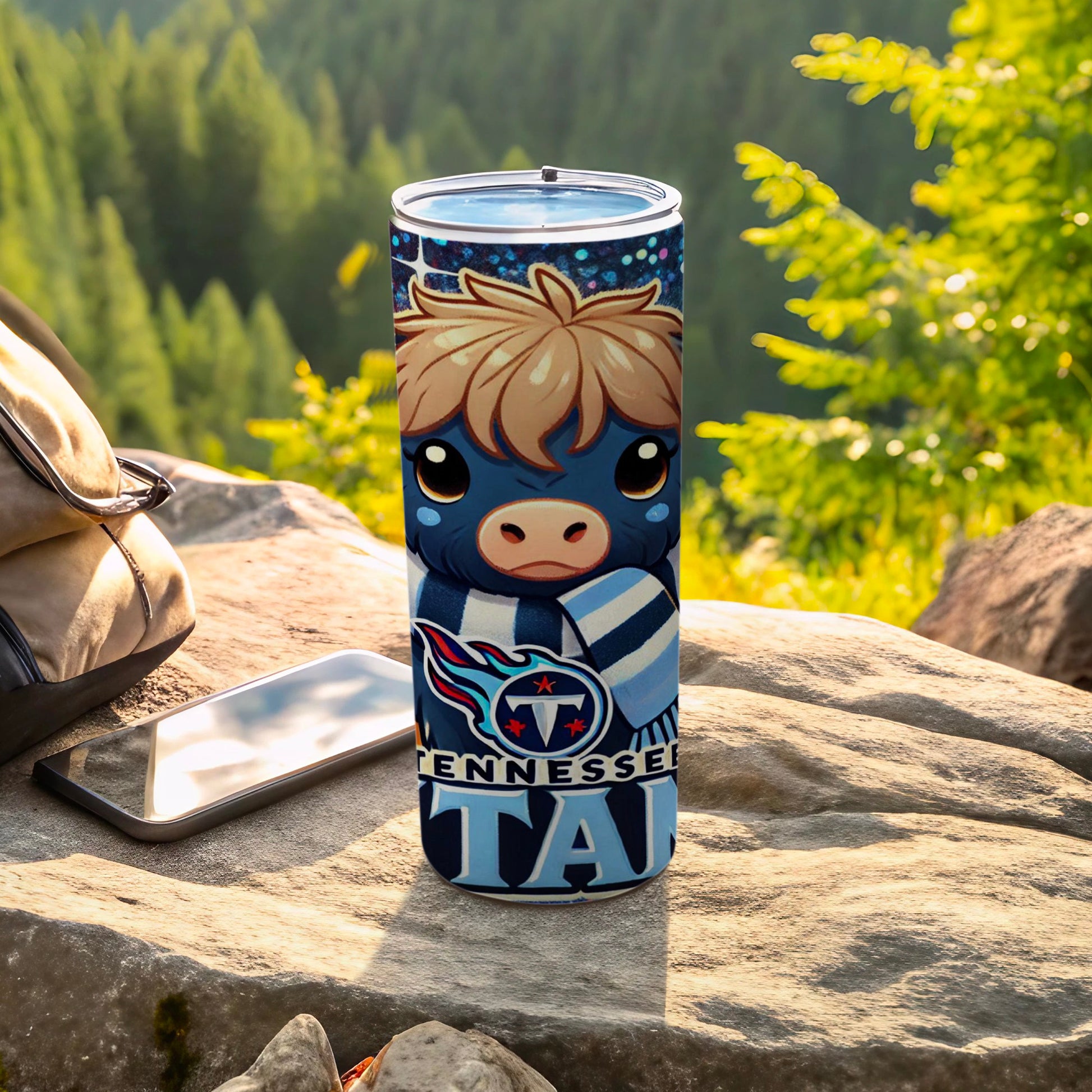 Tennessee Titans mascot tumbler with blue face and striped scarf.
