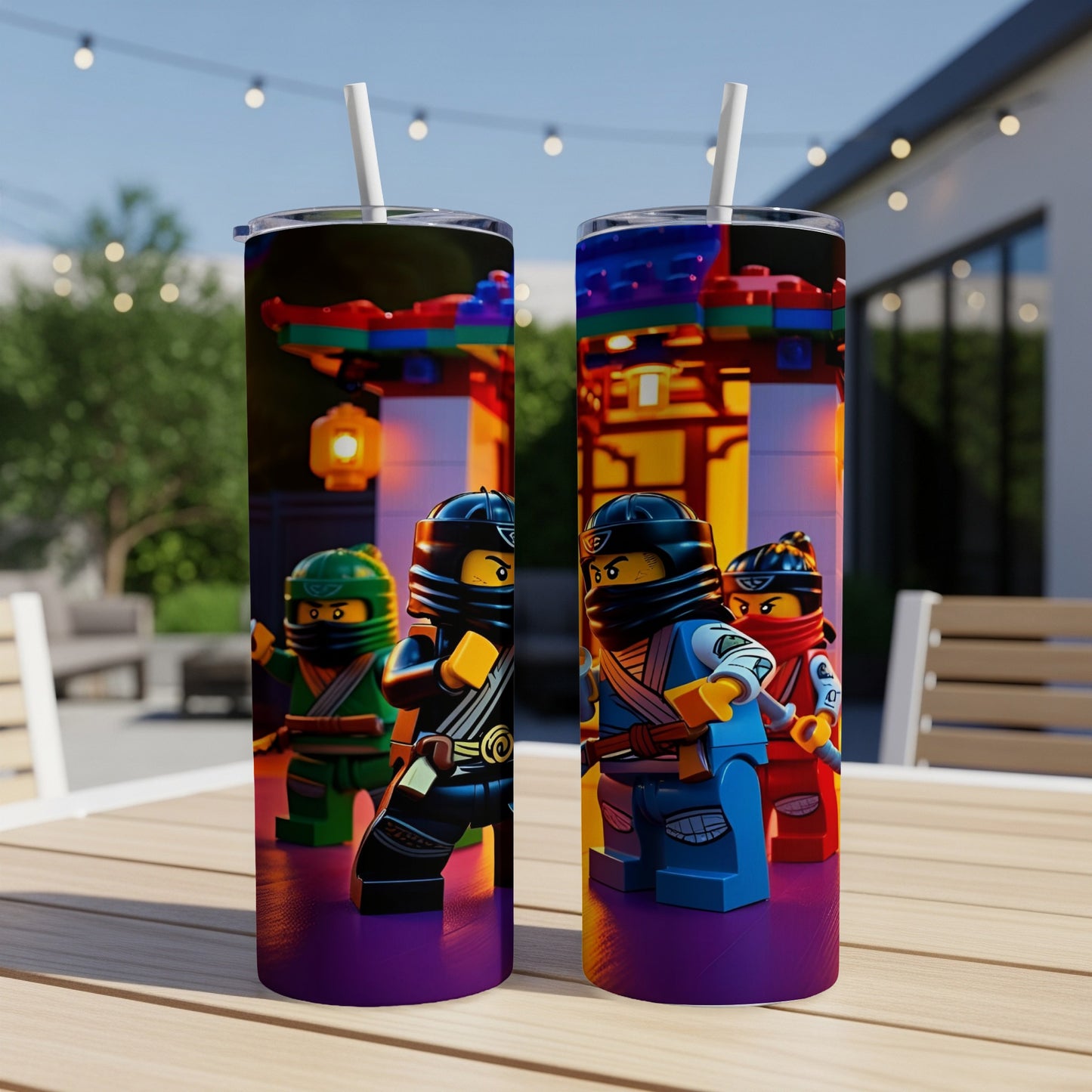 Ninja Lego characters stand in front of a colorful building.