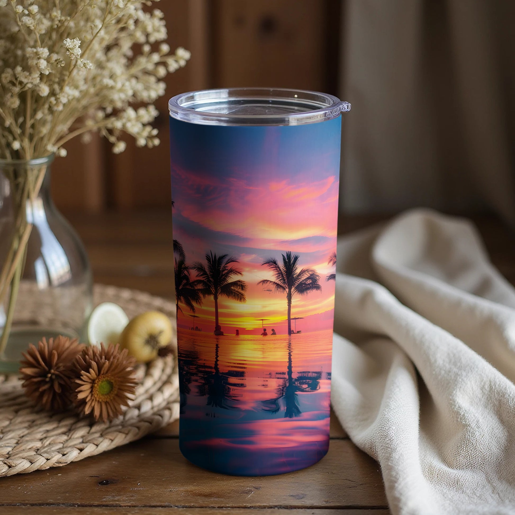Vibrant Sunset Scene with Palm Trees Tumbler Product