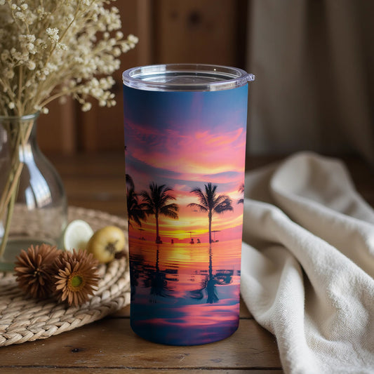 Vibrant Sunset Scene with Palm Trees Tumbler Product