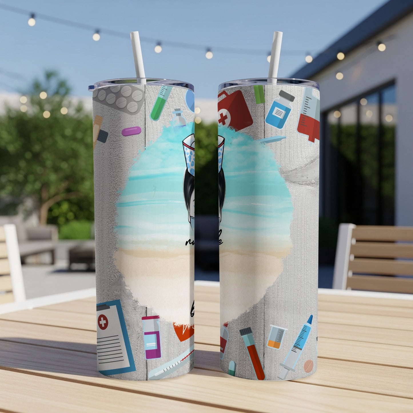 Two nurse-themed tumblers with medical icons and a watercolor background.