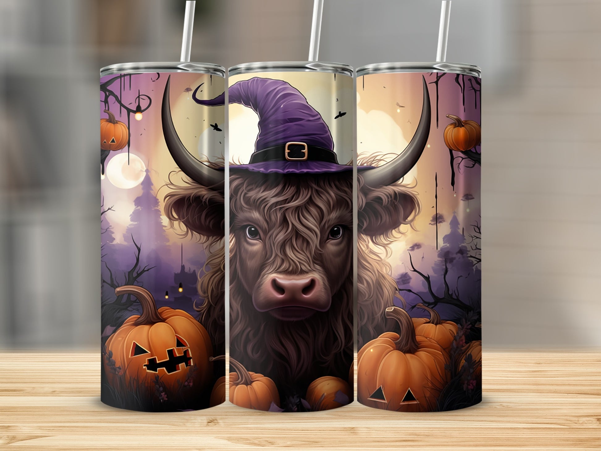 Highland cow wearing a witch hat with pumpkins and a spooky scene.