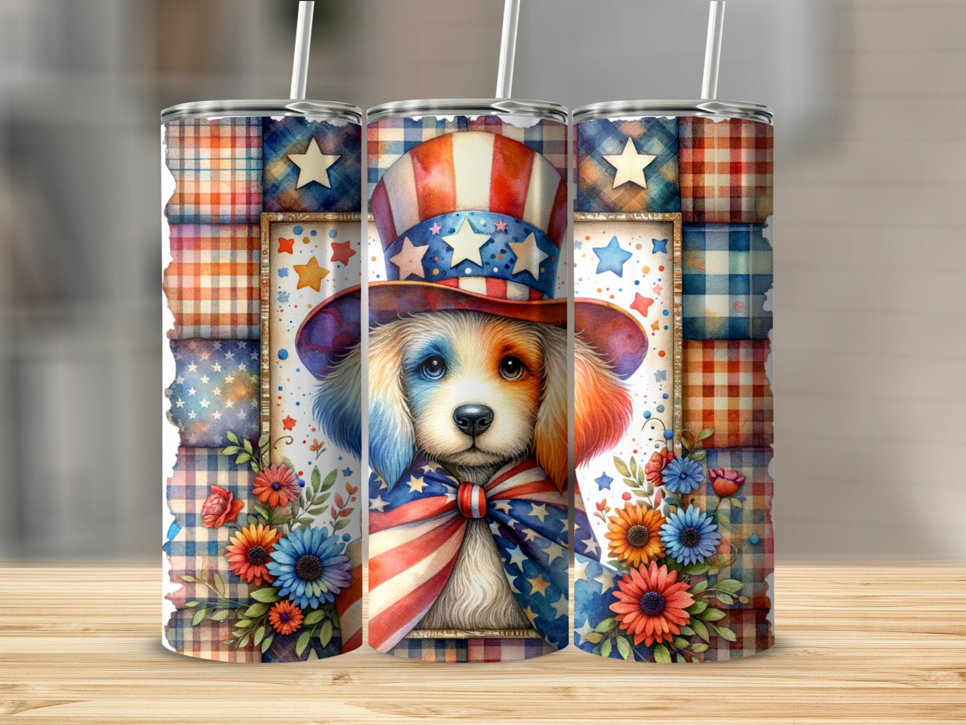 Dog in patriotic hat and bowtie with checkered and floral accents.