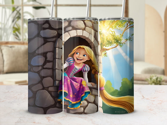 Rapunzel in a castle tower, with sunlight streaming in.