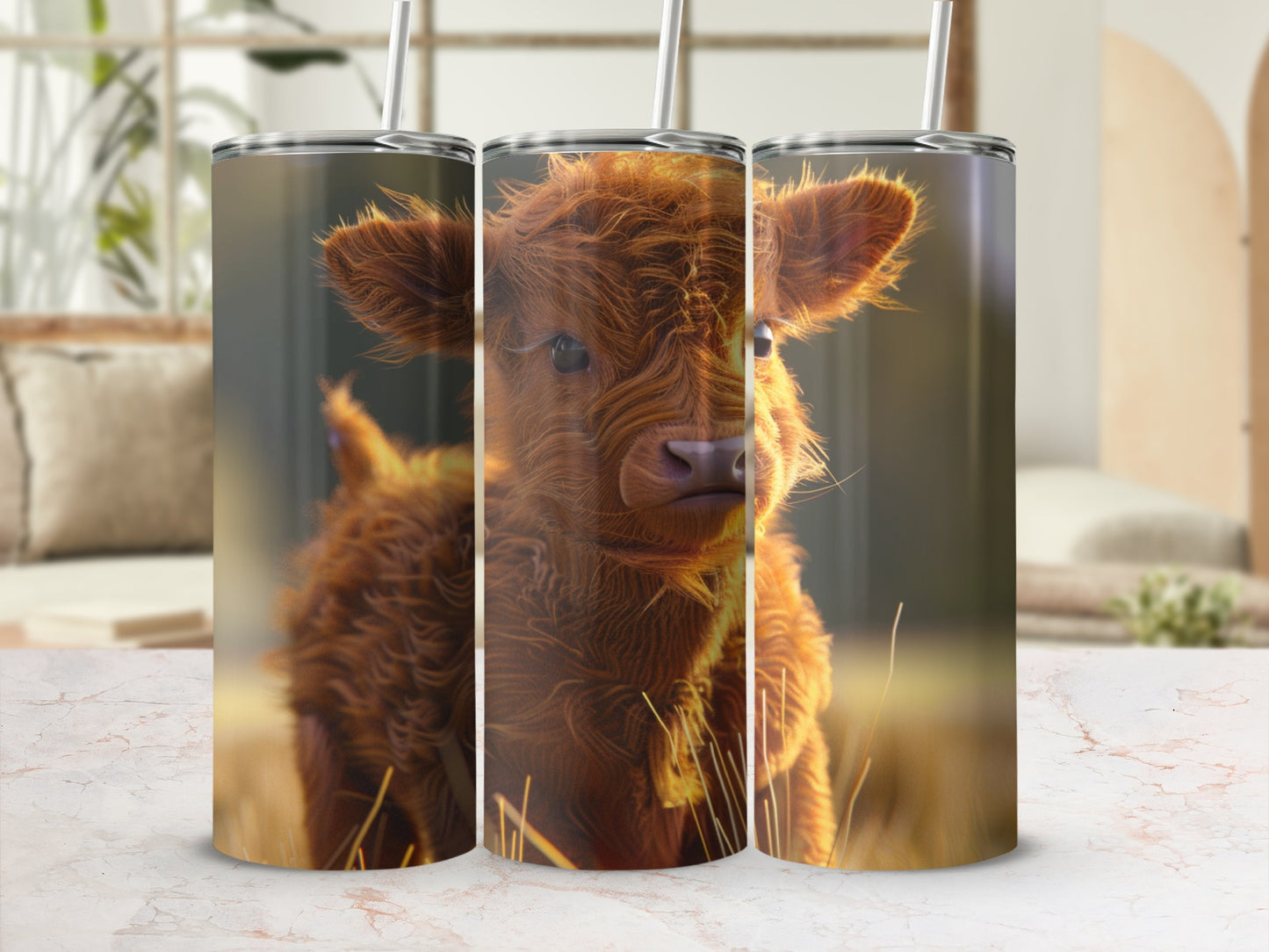 Fluffy baby cow on a tumbler in a warm, outdoor setting.