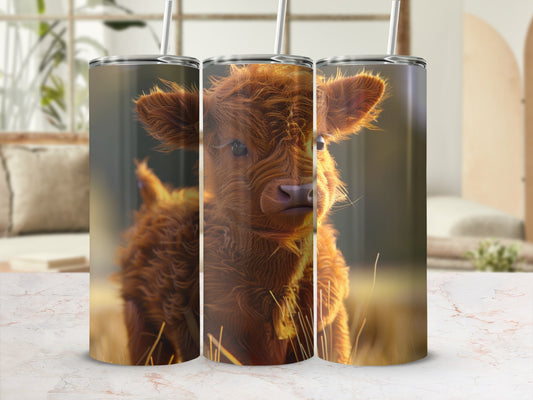 Fluffy baby cow on a tumbler in a warm, outdoor setting.