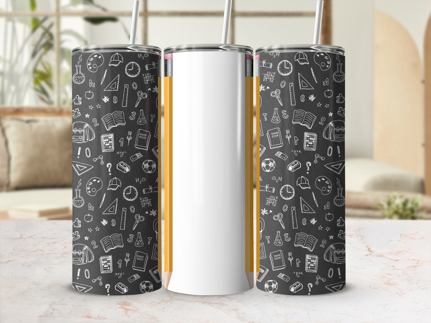 Three tumblers with chalk-drawn school icons on black background, white pencil top.