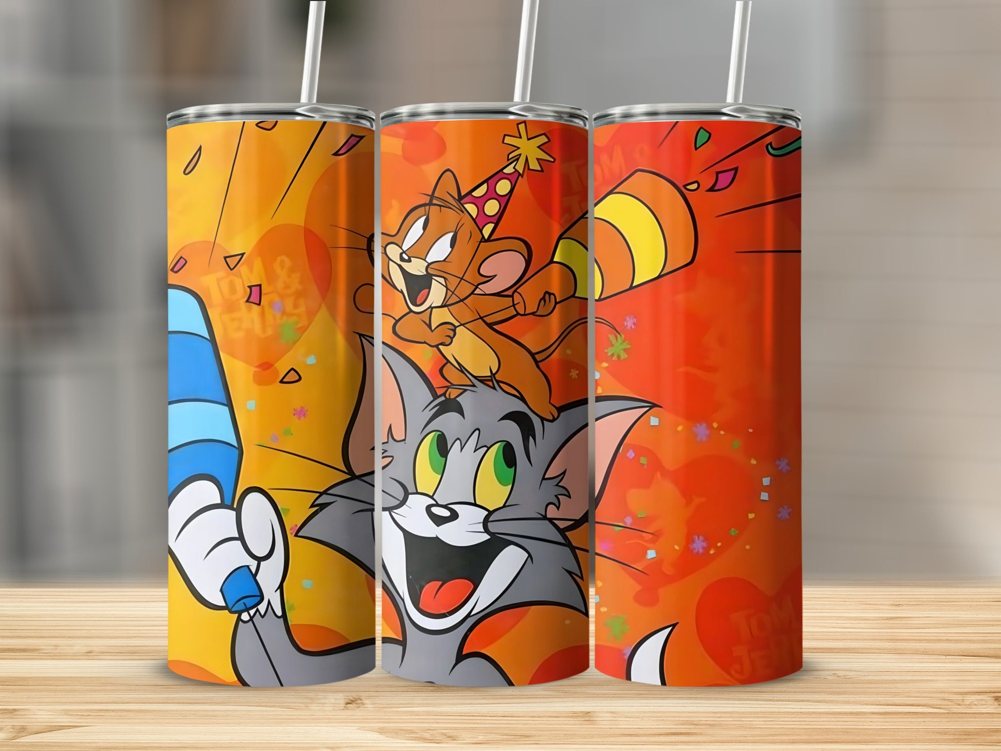 Cartoon characters celebrating with vibrant background cup