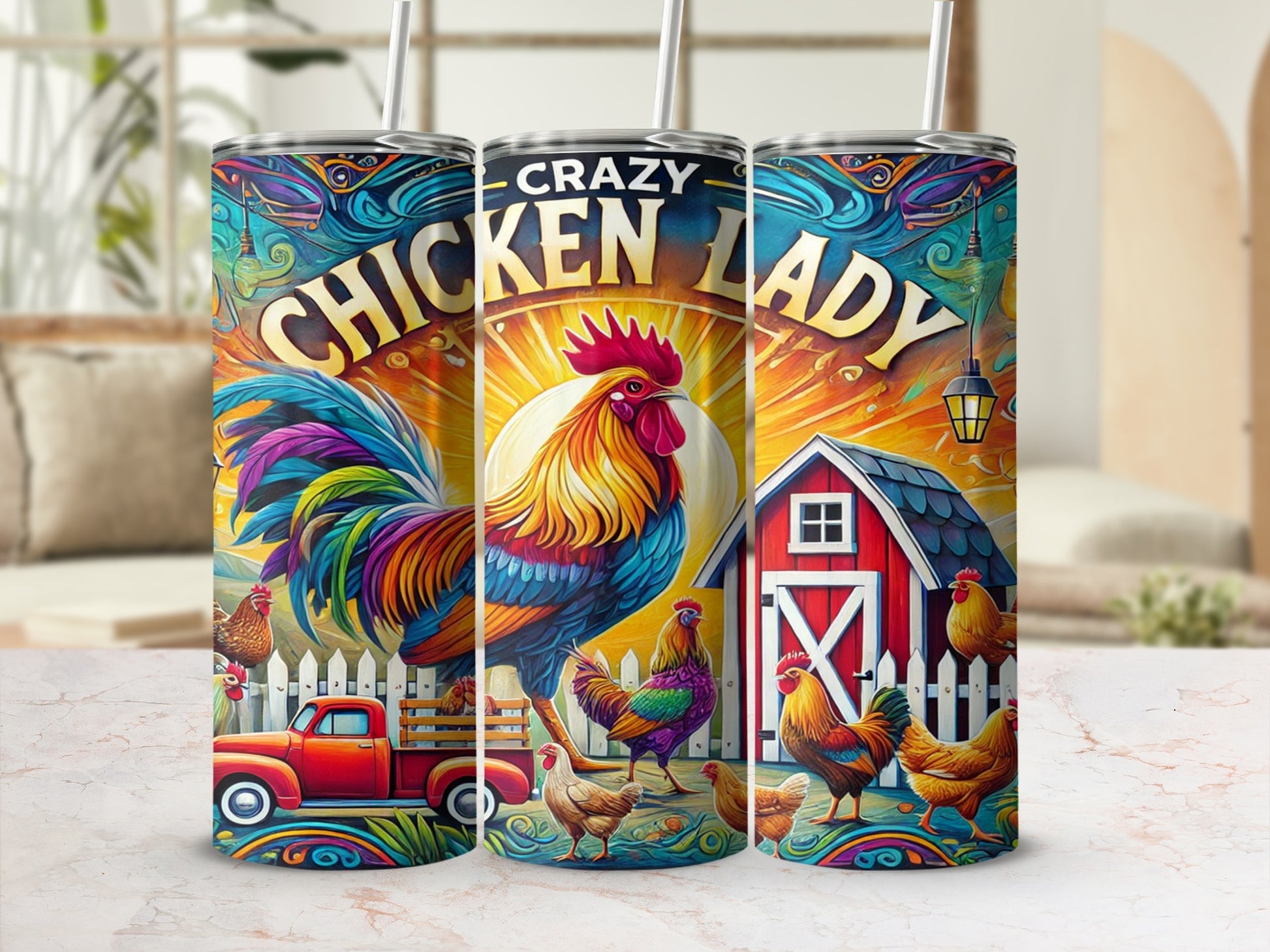 Crazy Chicken Lady Colorful Farm Scene Tumbler
