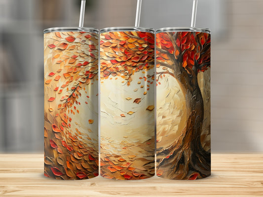 Three tumblers with fall leaves swirling around a textured tree trunk.