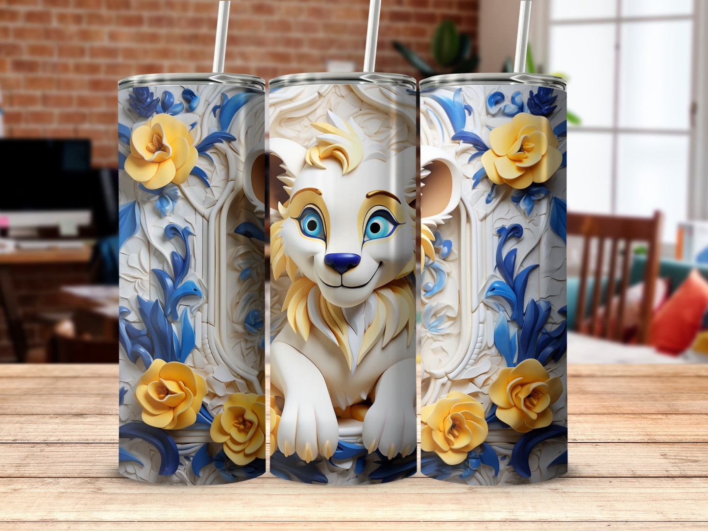 Cute White Lion Cub with Blue and Yellow Flowers Tumbler