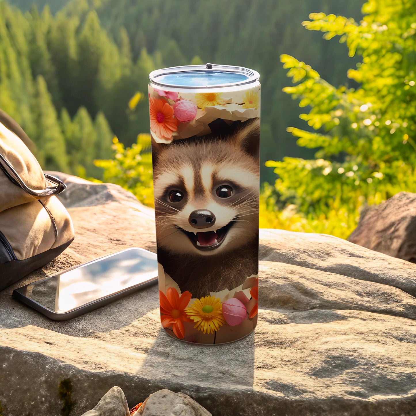 Smiling Raccoon Face Nature Flower Insulated Mug product type