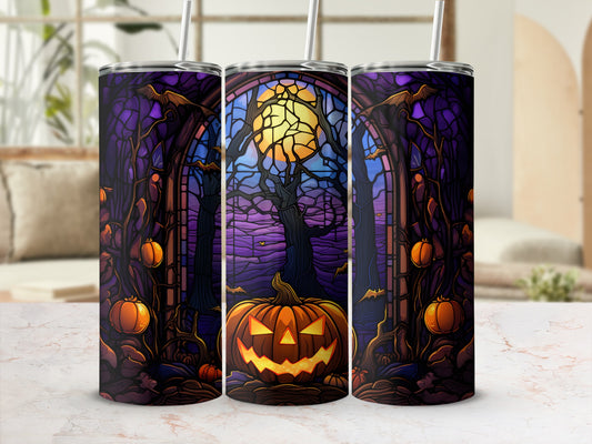 Spooky jack-o'-lantern and bats in a gothic arched window.