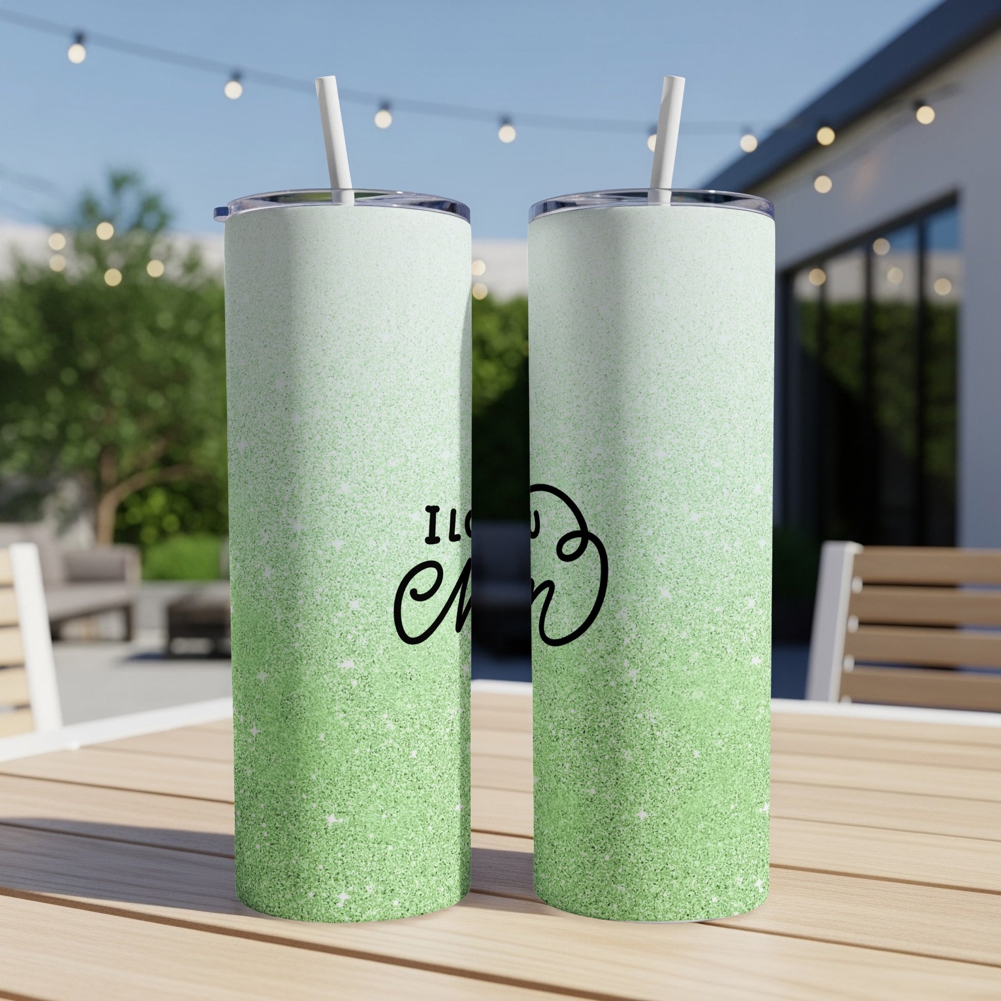 Green ombre glitter tumbler with "I love you" in script.