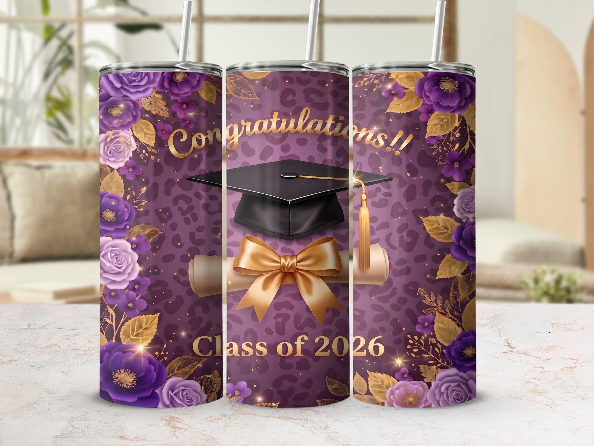 Graduation tumbler with "Congratulations!!" and "Class of 2026" text.