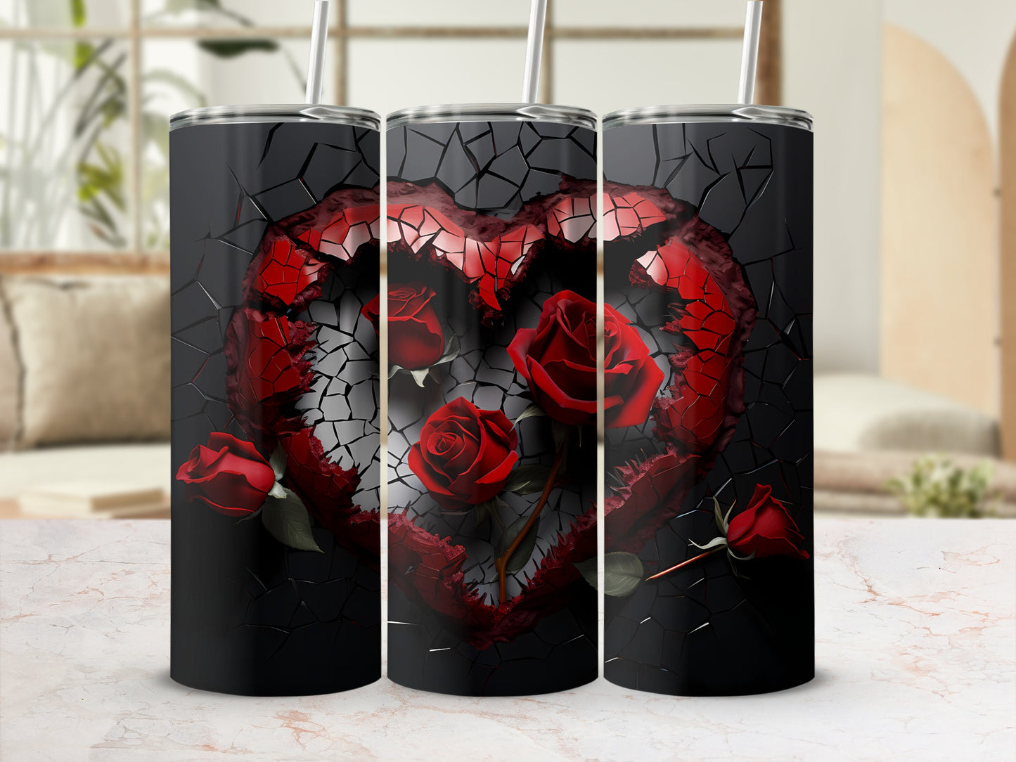Shattered Heart and Red Roses Design Tumbler Product