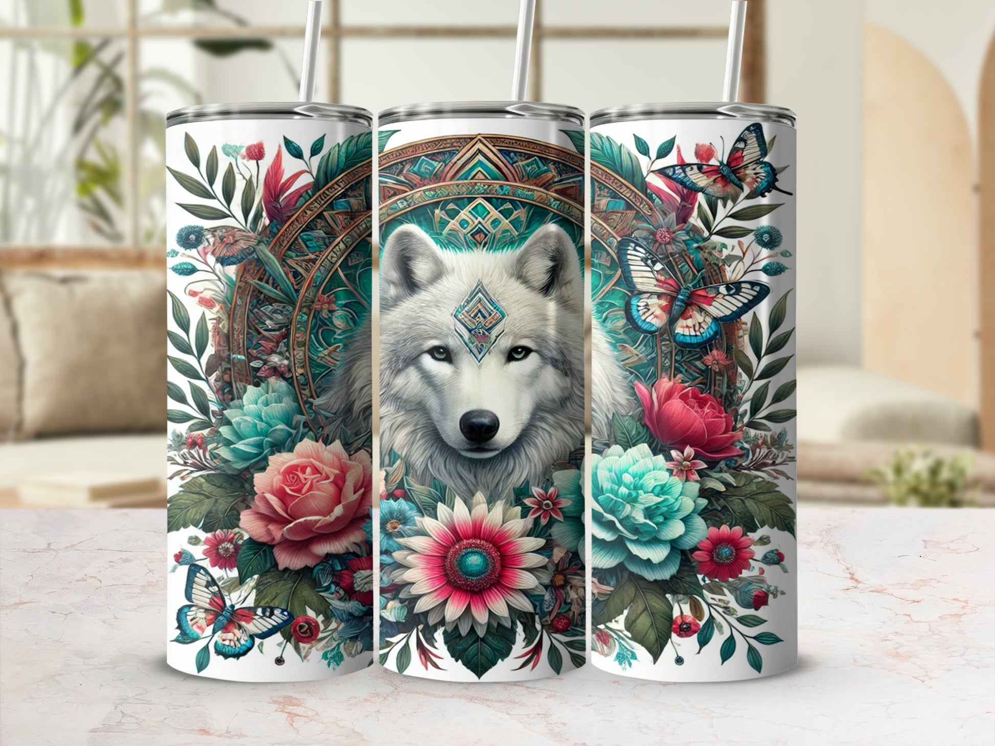 Wolf Floral Butterflies Steel Silver Tumblers